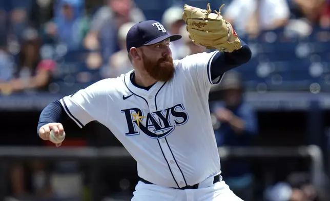 Tampa Bay Rays pitcher Zack Littell delivers to the Miami Marlins during the first inning of a baseball game Friday, June 6, 2025, in Tampa, Fla. (AP Photo/Chris O'Meara)