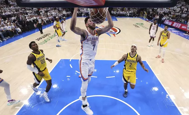 Oklahoma City Thunder forward Chet Holmgren (7) dunks during the second half in Game 1 of the NBA Finals basketball series against the Indiana Pacers Thursday, June 5, 2025, in Oklahoma City. (Matthew Stockman/Pool Photo via AP)
