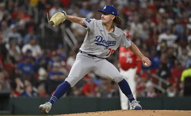 Los Angeles Dodgers starting pitcher Justin Wrobleski throws in the first inning of a baseball game against the St. Louis Cardinals, Friday, June 6, 2025, in St. Louis. (AP Photo/Joe Puetz)