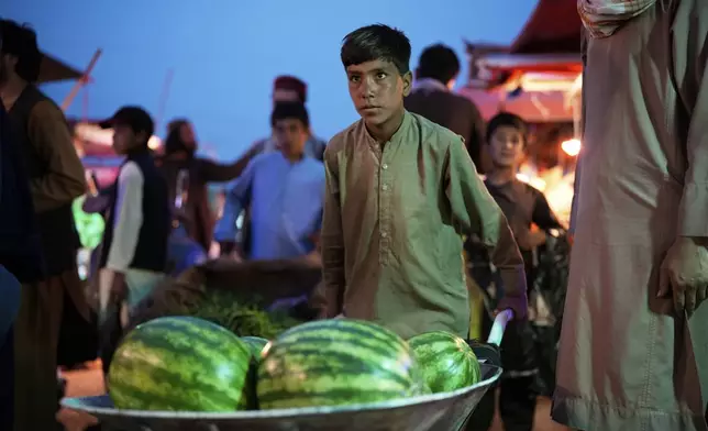 An Afghan boy works in a market a day before the Eid al-Adha, or "Feast of the Sacrifice", in Kabul, Afghanistan, Friday, June 6, 2025. (AP Photo/Ebrahim Noroozi)