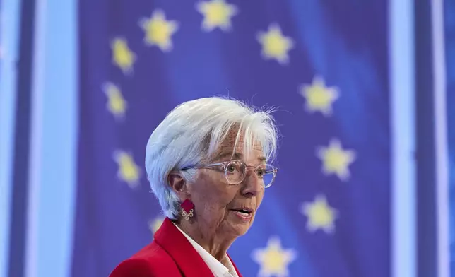 President of the European Central Bank Christine Lagarde attends a press conference in Frankfurt, Germany, Thursday, June 5, 2025. (AP Photo/Michael Probst)
