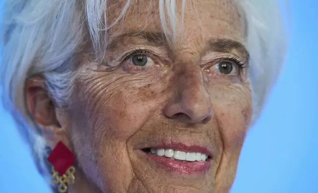 President of the European Central Bank Christine Lagarde attends a press conference in Frankfurt, Germany, Thursday, June 5, 2025. (AP Photo/Michael Probst)