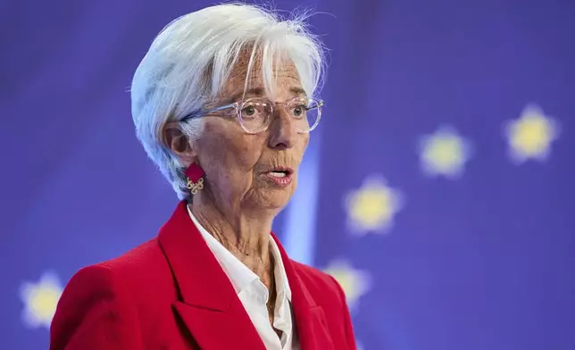 President of the European Central Bank Christine Lagarde attends a press conference in Frankfurt, Germany, Thursday, June 5, 2025. (AP Photo/Michael Probst)