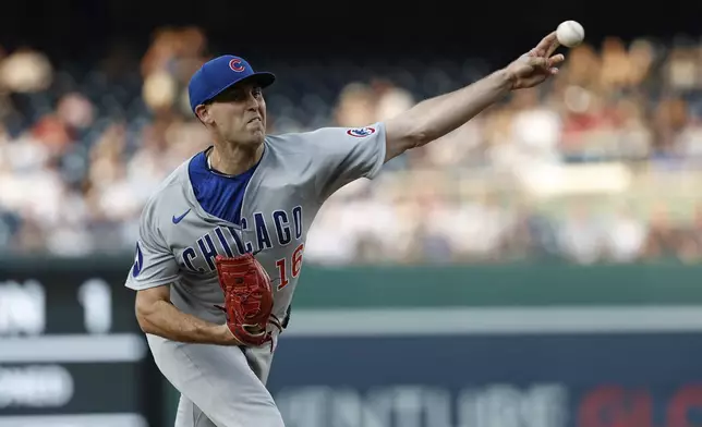 Chicago Cubs pitcher Matthew Boyd (16) throws during the third inning of a baseball game against the Washington Nationals in Washington, Wednesday, June 4, 2025. (AP Photo/Terrance Williams)