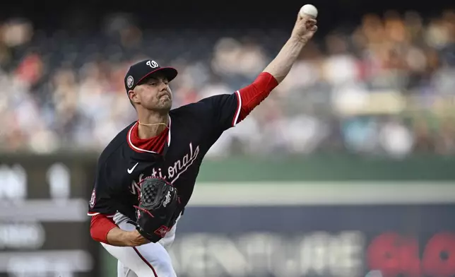 Washington Nationals pitcher MacKenzie Gore throws during the third inning of a baseball game against the Chicago Cubs in Washington, Wednesday, June 4, 2025. (AP Photo/Terrance Williams)