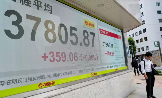 A person stands in front of an electronic stock board showing Japan's Nikkei index at a securities firm Wednesday, June 4, 2025, in Tokyo. (AP Photo/Eugene Hoshiko)