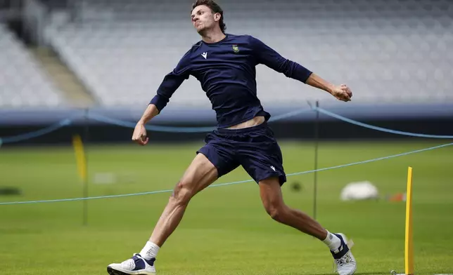 South Africa's Marco Jansen attends a nets session at Lord's, London, Monday June 9, 2025. (Ben Whitley/PA via AP)