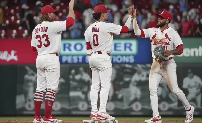 St. Louis Cardinals' Brendan Donovan (33), Masyn Winn (0) and Victor Scott II (11) celebrate a victory over the Chicago Cubs following a baseball game Monday, June 23, 2025, in St. Louis. (AP Photo/Jeff Roberson)