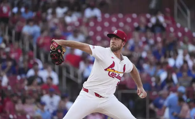 St. Louis Cardinals starting pitcher Matthew Liberatore throws during the first inning of a baseball game against the Chicago Cubs Monday, June 23, 2025, in St. Louis. (AP Photo/Jeff Roberson)