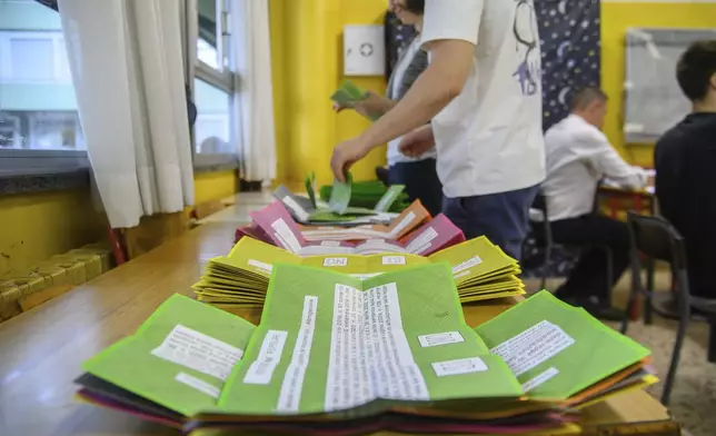 Ballot papers are prepared on a table for referendums on citizenship and job protections, at a polling station in Milan, Italy, Sunday, June 8, 2025. (Claudio Furlan/LaPresse via AP)