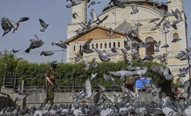 Pigeons fly outside the Shah-Do Shamshira Mosque while a Taliban fighter stands guard, during the Eid al-Adha prayer in Kabul, Afghanistan, Saturday, June 7, 2025. (AP Photo/Ebrahim Noroozi)