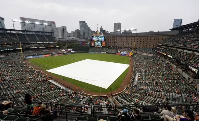 The scoreboard warns of inclement weather in the area as a tarp covers part of the field before a baseball game between the Baltimore Orioles and the Los Angeles Angels, Friday, June 13, 2025, in Baltimore. (AP Photo/Alyssa Howell)