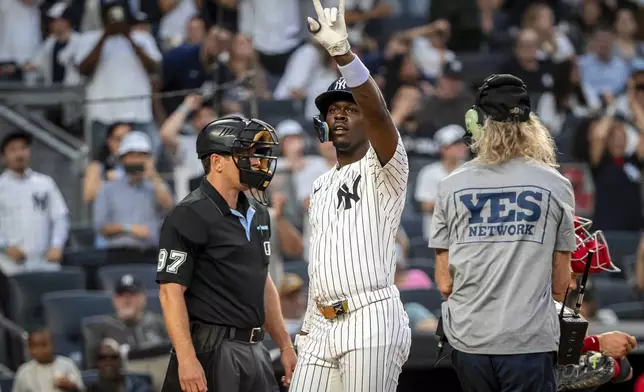New York Yankees' Jazz Chisholm Jr. (13) celebrates a home run during the second inning of a baseball game against the Los Angeles Angels, Wednesday, June 18, 2025, in New York. (AP Photo/Angelina Katsanis)