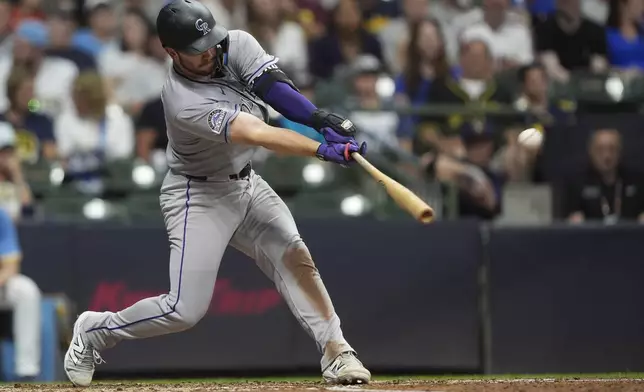 Colorado Rockies' Braxton Fulford hits an RBI double during the sixth inning of a baseball game against the Milwaukee Brewers, Friday, June 27, 2025, in Milwaukee. (AP Photo/Aaron Gash)