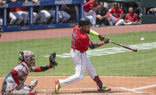 Cleveland Guardians' Jose Ramirez hits an RBI double off Cincinnati Reds starting pitcher Nick Lodolo as catcher Jose Trevino works behind te plate during the first inning of a baseball game, Wednesday, June 11, 2025, in Cleveland. (AP Photo/Phil Long)