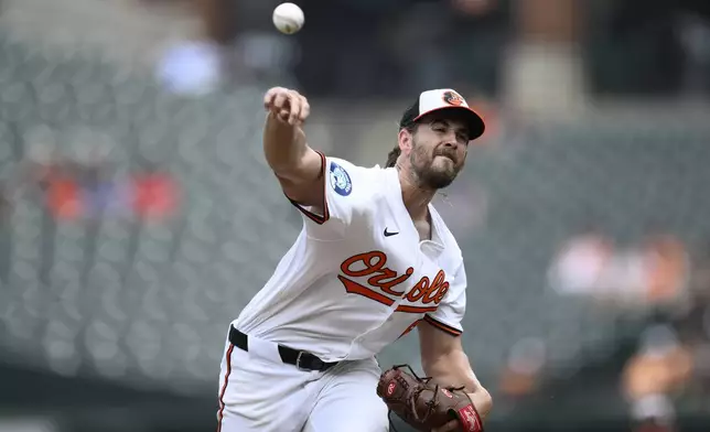 Baltimore Orioles starting pitcher Dean Kremer throws during the first inning of a baseball game against the Tampa Bay Rays, Sunday, June 29, 2025, in Baltimore. (AP Photo/Nick Wass)