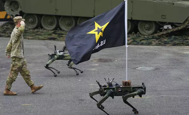 A Robert Dog walks past the reviewing stand during a military parade commemorating the Army's 250th anniversary, Saturday, June 14, 2025, in Washington. (AP Photo/Julia Demaree Nikhinson)