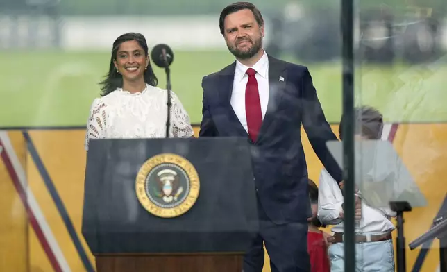 Vice President JD Vance and second lady Usha Vance, with their children, arrive for a military parade commemorating the Army's 250th anniversary, coinciding with his 79th birthday, Saturday, June 14, 2025, in Washington. (AP Photo/Julia Demaree Nikhinson)