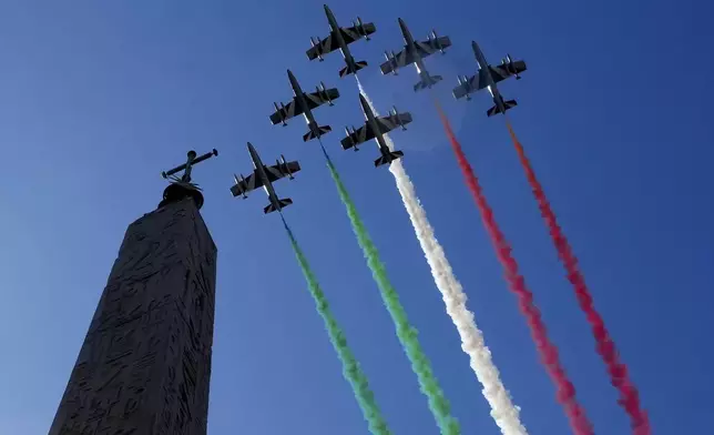 The Frecce Tricolori (Tricolor Arrows) aerobatic squad of the Italian Air Force flies during the celebrations for the 79th Republic Day in Rome, Monday, June 2, 2025. (AP Photo/Gregorio Borgia)