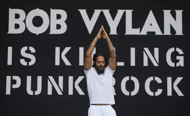 Bob Vylan performs on the West Holts Stage, during the Glastonbury Festival at Worthy Farm in Somerset. England, Saturday, June 28, 2025. (Yui Mok/PA via AP)