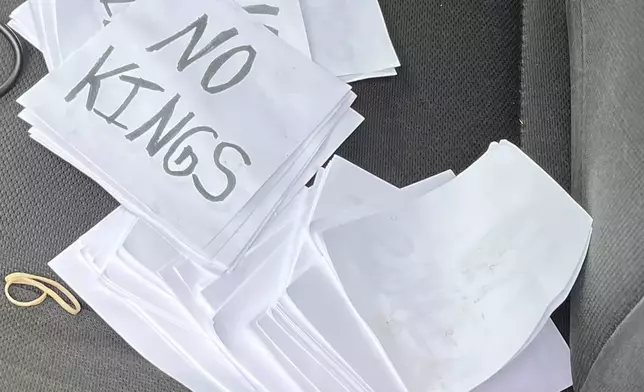 This photo provided by Minnesota State Patrol shows writings in the fake police car law enforcement officials believe a suspect used in the shooting of two Democratic legislators in Minnesota on Saturday, June 14, 2025. (Minnesota State Patrol via AP)