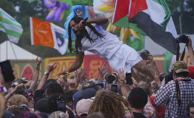 Bob Vylan performs on the West Holts Stage, during the Glastonbury Festival at Worthy Farm in Somerset. England, Saturday, June 28, 2025. (Ben Birchall/PA via AP)