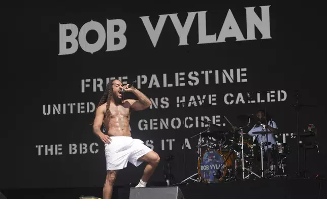 Bob Vylan perform on the West Holts Stage, during the Glastonbury Festival at Worthy Farm in Somerset. England, Saturday, June 28, 2025. (Yui Mok/PA via AP)