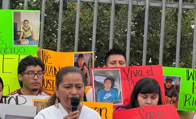 Perla Rios, an Indigenous community leader, at a press conference Monday, June 9, 2025, urged the release of more than a dozen garment workers who were detained by ICE on Friday, at a warehouse in Los Angeles. (AP Photo/Dorany Pineda)