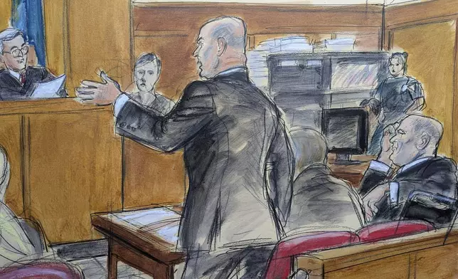 Defense attorney Arthur Aidala, center, makes an argument to Judge Curtis Farber, left, regarding jury notes as Harvey Weinstein looks on, Monday, June 9, 2025, at Manhattan criminal court in New York. (Elizabeth Williams via AP)