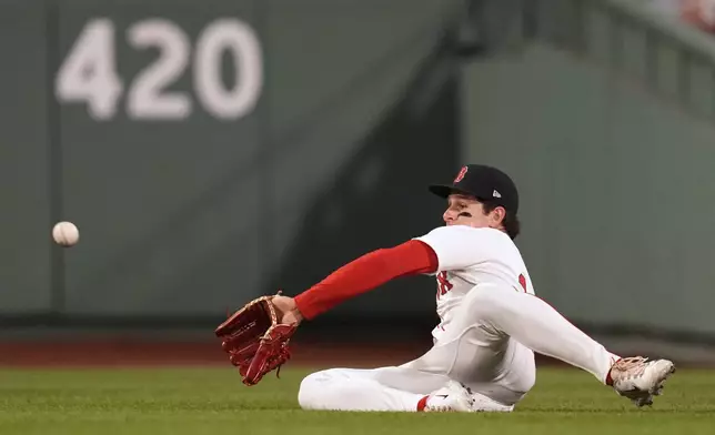 Boston Red Sox outfielder Roman Anthony makes the catch on a fly out by Tampa Bay Rays' Jonathan Aranda during the sixth inning of a baseball game at Fenway Park, Tuesday, June 10, 2025, in Boston. (AP Photo/Charles Krupa)