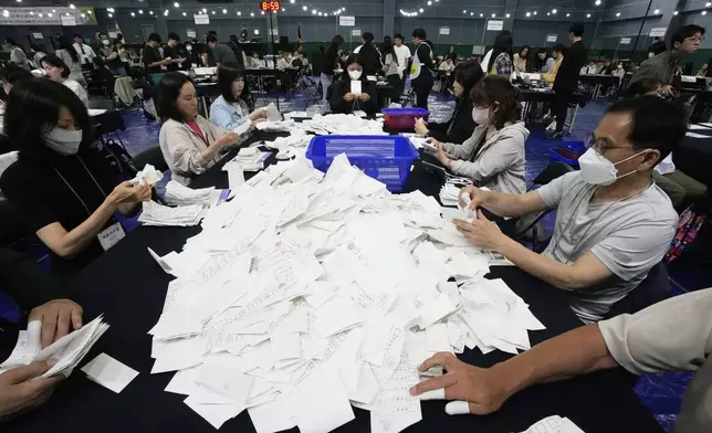 National Election Commission officials sort out ballots for counting at the presidential election in Seoul, South Korea,Tuesday, June 3, 2025. (AP Photo/Ahn Young-joon)