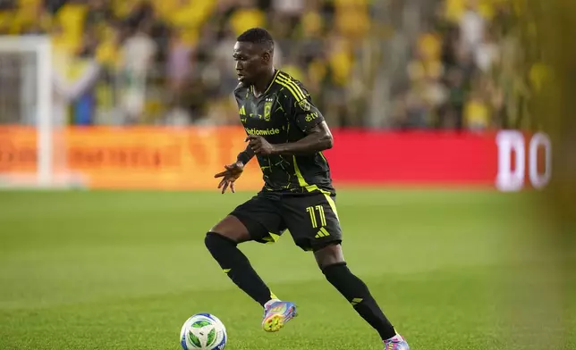 Columbus Crew forward Ibrahim Aliyu controls the ball during the second half of an MLS soccer match against the Vancouver Whitecaps, Saturday, June 14, 2025, in Columbus, Ohio. (AP Photo/Jeff Dean)
