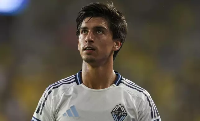 Vancouver Whitecaps' Mathías Laborda looks on during the second half of an MLS soccer match against the Columbus Crew, Saturday, June 14, 2025, in Columbus, Ohio. (AP Photo/Jeff Dean)