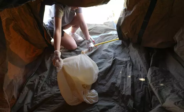 Project ICECHIP member and Central Michigan University student Jeanette Cavin inflates a weather balloon in a protective shelter to launch a radiosonde to collect data Wednesday, June 4, 2025, in Tucumcari, N.M. (AP Photo/Carolyn Kaster)