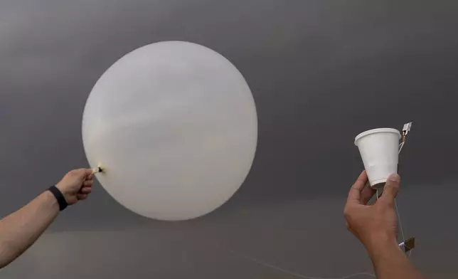 Red team and Project ICECHIP members Wyatt Ficek, left, and Ethan Mok, right, release a latex weather balloon with an attached instrument called a windsond into the inflow region of a storm to collect data during a Project ICECHIP operation Thursday, June 5, 2025, near Morton, Texas. (AP Photo/Carolyn Kaster)
