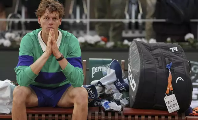 Second placed Italy's Jannik Sinner reacts after the final match of the French Tennis Open against Spain's Carlos Alcaraz at the Roland-Garros stadium in Paris, Sunday, June 8, 2025. (AP Photo/Thibault Camus)