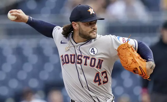 Houston Astros pitcher Lance McCullers Jr. delivers during the first inning of a baseball game against the Pittsburgh Pirates Tuesday, June 3, 2025, in Pittsburgh. (AP Photo/Matt Freed)