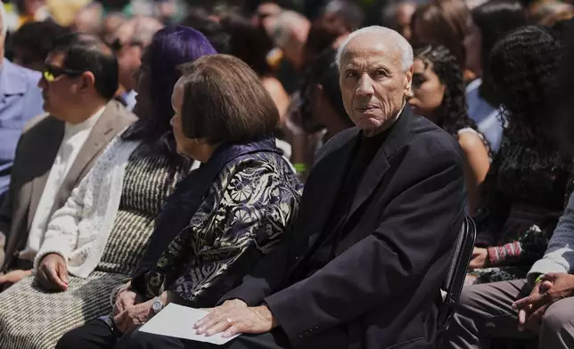 Former NBA basketball player and coach Lenny Wilkens looks on before his statue unveiling event outside of Climate Pledge Arena, Saturday, June 28, 2025, in Seattle. (AP Photo/Lindsey Wasson)