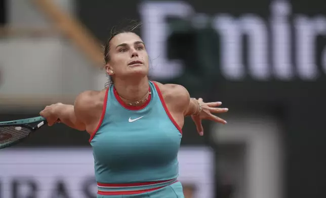 Aryna Sabalenka of Belarus reacts as she plays against Coco Gauff of the U.S. during their final match of the French Tennis Open at the Roland-Garros stadium in Paris, Saturday, June 7, 2025. (AP Photo/Christophe Ena)