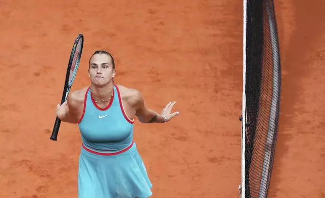 Aryna Sabalenka of Belarus reacts during the final match against Coco Gauff of the U.S. during the French Tennis Open at the Roland-Garros stadium in Paris, Saturday, June 7, 2025. (AP Photo/Lindsey Wasson)