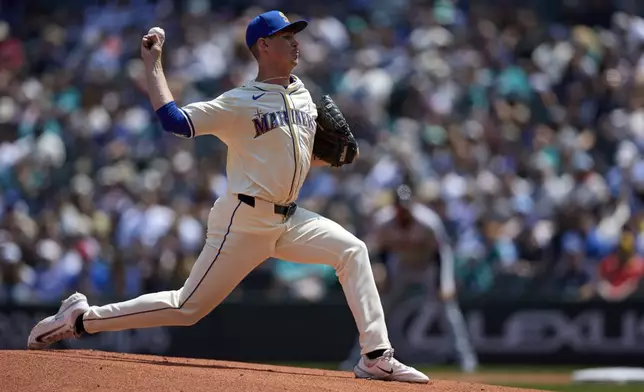 Seattle Mariners starting pitcher Emerson Hancock throws against the Cleveland Guardians during the first inning of a baseball game Sunday, June 15, 2025, in Seattle. (AP Photo/John Froschauer)