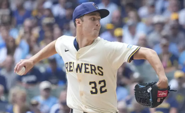 Milwaukee Brewers pitcher Jacob Misiorowski (32) throws during the first inning of a baseball game against the Pittsburgh Pirates, Wednesday, June 25, 2025, in Milwaukee. (AP Photo/Kayla Wolf)