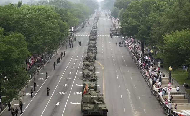 A military parade commemorating the Army's 250th anniversary and coinciding with President Donald Trump's 79th birthday, Saturday, June 14, 2025, in Washington. (AP Photo/Jacquelyn Martin)