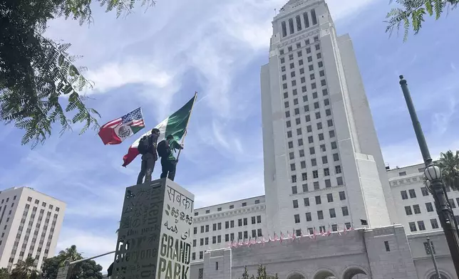 Demonstrators wave flags during a protest Saturday, June 14, 2025, in Los Angeles. (AP Photo/Eugene Garcia)