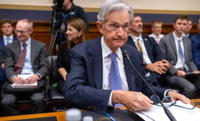 Federal Reserve Board Chairman Jerome Powell arrives for a hearing of the House Committee on Financial Services on Capitol Hill, Tuesday, June 24, 2025, in Washington. (AP Photo/Mark Schiefelbein)