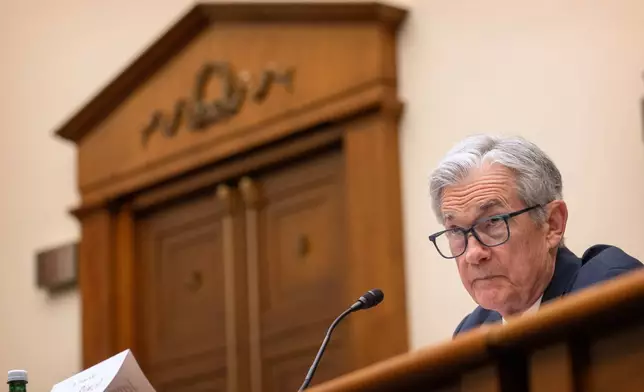 Federal Reserve Board Chairman Jerome Powell listens during a hearing of the House Committee on Financial Services on Capitol Hill, Tuesday, June 24, 2025, in Washington. (AP Photo/Mark Schiefelbein)