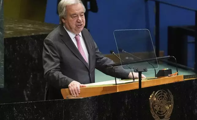 FILE - U.N. Secretary General Antonio Guterres addresses the United Nations General Assembly, June 2, 2025. (AP Photo/Richard Drew)