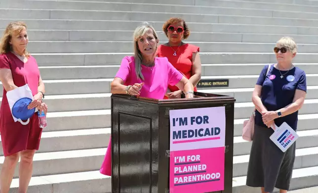 Planned Parenthood South Carolina spokesperson Vicki Ringer speaks at a news conference about the U.S. Supreme Court ruling allowing states to block Planned Parenthood from receiving money for health services on Thursday, June 26, 2025, in Columbia, S.C. (AP Photo/Jeffrey Collins)