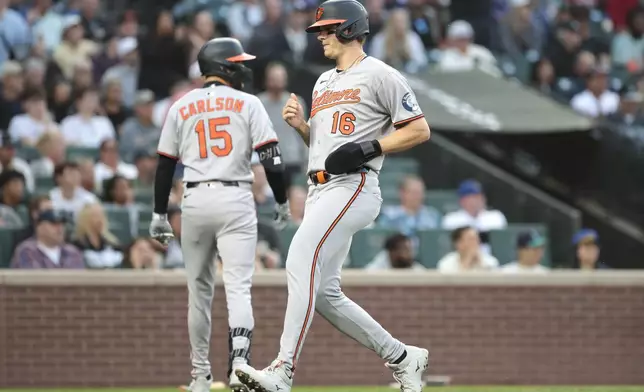 Baltimore Orioles' Coby Mayo (16) scores on a two-RBI triple by Heston Kjerstad during the seventh inning of a baseball game against the Seattle Mariners, Wednesday, June 4, 2025, in Seattle. (AP Photo/Jason Redmond)