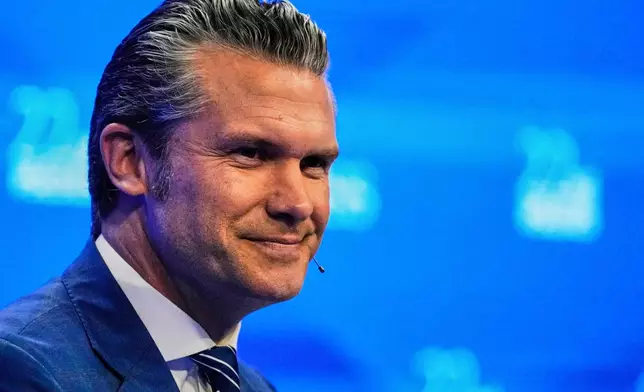 U.S. Defense Secretary Pete Hegseth delivers his speech during 22nd Shangri-La Dialogue summit in Singapore, Saturday, May 31, 2025. (AP Photo/Anupam Nath)